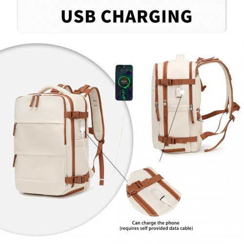Kono Multi-Functional Breathable Travel Backpack with USB Charging Port and Separate Shoe Compartment - Beige and Brown