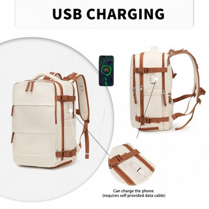 Kono Multi-Functional Breathable Travel Backpack with USB Charging Port and Separate Shoe Compartment - Beige and Brown