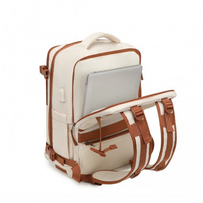 Kono Multi-Functional Breathable Travel Backpack with USB Charging Port and Separate Shoe Compartment - Beige and Brown