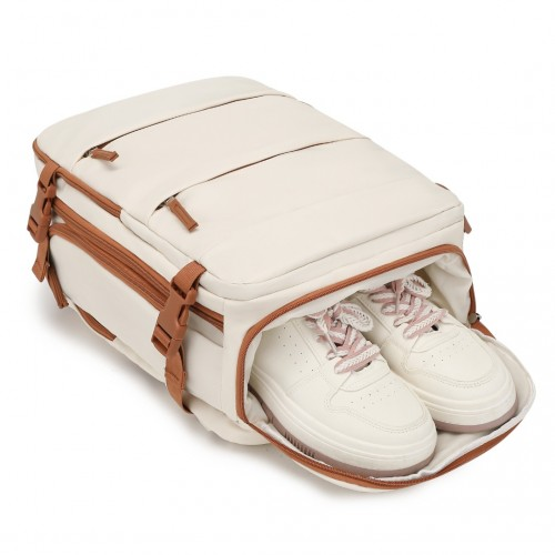 Kono Multi-Functional Breathable Travel Backpack with USB Charging Port and Separate Shoe Compartment - Beige and Brown