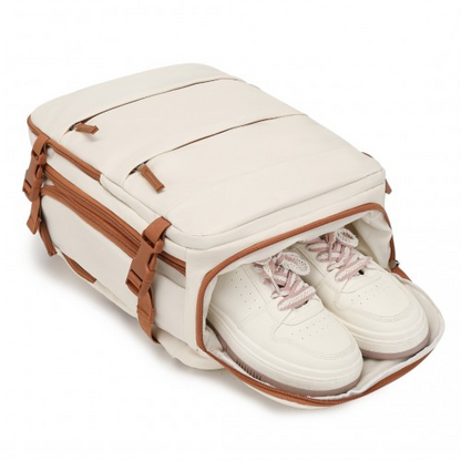 Kono Multi-Functional Breathable Travel Backpack with USB Charging Port and Separate Shoe Compartment - Beige and Brown