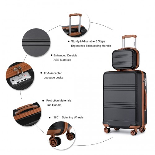 Kono ABS 4 Wheel Suitcase Set with Vanity Case - Black And Brown | Durable Travel Luggage