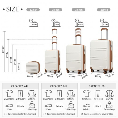 K1871-1L - Kono ABS Sculpted Horizontal Design 4 Pcs Suitcase Set With Vanity Case - Cream