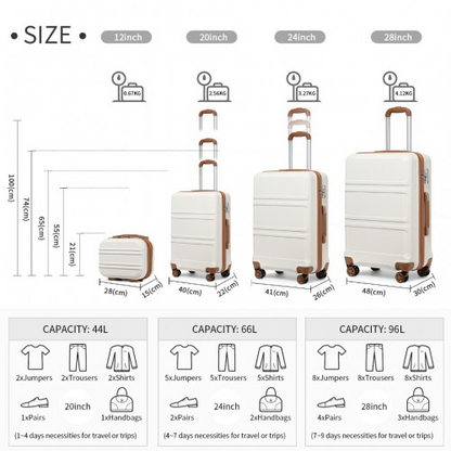 K1871-1L - Kono ABS Sculpted Horizontal Design 4 Pcs Suitcase Set With Vanity Case - Cream
