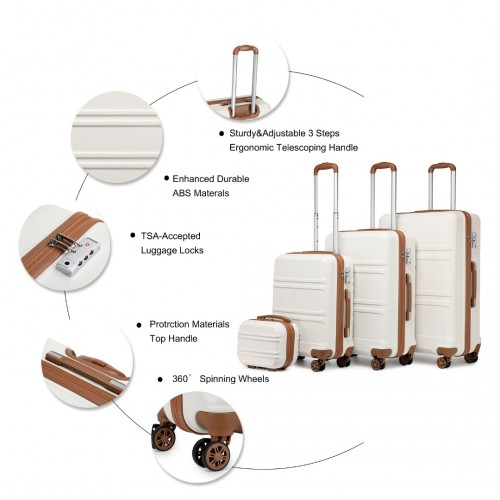 K1871-1L - Kono ABS Sculpted Horizontal Design 4 Pcs Suitcase Set With Vanity Case - Cream