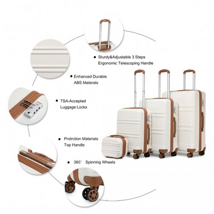 K1871-1L - Kono ABS Sculpted Horizontal Design 4 Pcs Suitcase Set With Vanity Case - Cream