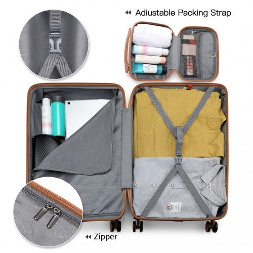 K1871-1L - Kono ABS Sculpted Horizontal Design 4 Pcs Suitcase Set With Vanity Case - Cream