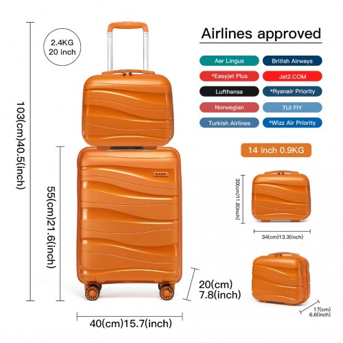 K2094L - Kono 14/20 Inch Lightweight Polypropylene Hard Shell 2 Piece Suitcase Set With TSA Lock And Vanity Case - Orange