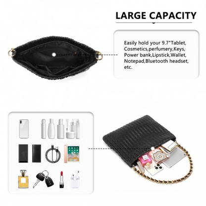 Miss Lulu Sophisticated Embossed PU Leather Commuter Shoulder Bag - Black with Chain Strap