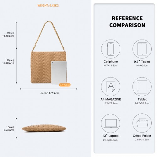 Miss Lulu Sophisticated Embossed PU Leather Shoulder Bag with Chain Strap - Camel | Elegant Commuter Bag for Modern Women