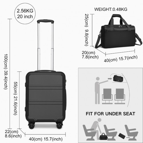 Kono ABS 20 Inch Sculpted Horizontal Design 2 Piece Suitcase Set with Cabin Bag - Black