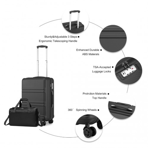 Kono ABS 20 Inch Sculpted Horizontal Design 2 Piece Suitcase Set with Cabin Bag - Black