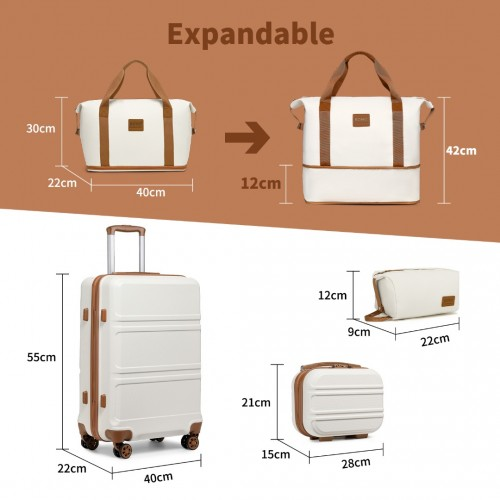 K1871-1L+EA2212 - Kono ABS 4 Wheel Suitcase Set With Vanity Case And Weekend Bag And Toiletry Bag - Cream
