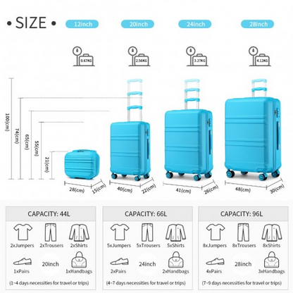 K1871-1L - Kono ABS Sculpted Horizontal Design 4 Pcs Suitcase Set With Vanity Case - Blue