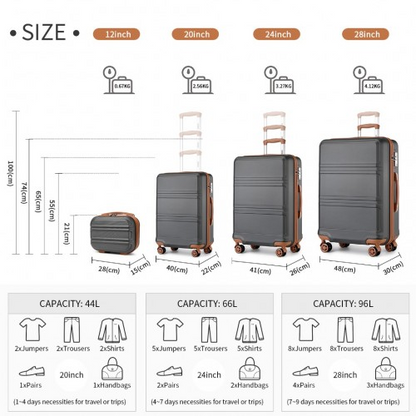 K1871-1L - Kono ABS Sculpted Horizontal Design 4 Pcs Suitcase Set With Vanity Case - Grey And Brown