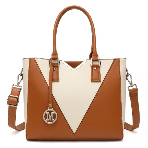 Miss Lulu Leather Look V-Shape Shoulder Handbag - Brown And Beige | Elegant Designer Tote
