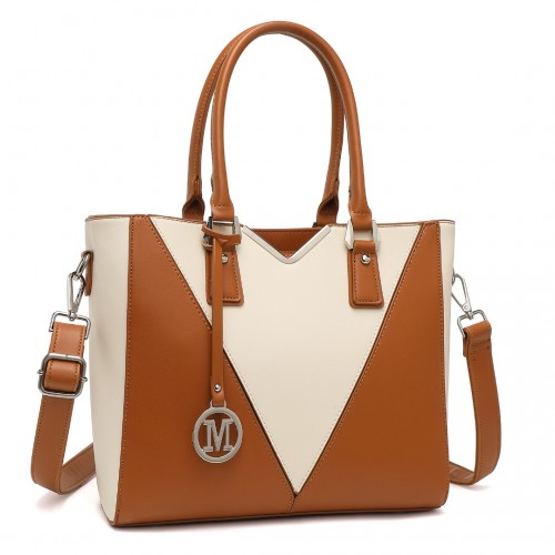 Miss Lulu Leather Look V-Shape Shoulder Handbag - Brown And Beige | Elegant Designer Tote