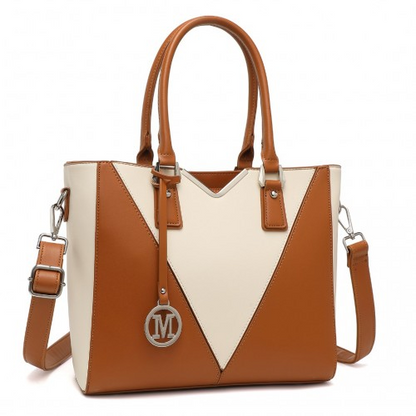 Miss Lulu Leather Look V-Shape Shoulder Handbag - Brown And Beige | Elegant Designer Tote