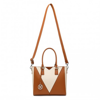Miss Lulu Leather Look V-Shape Shoulder Handbag - Brown And Beige | Elegant Designer Tote