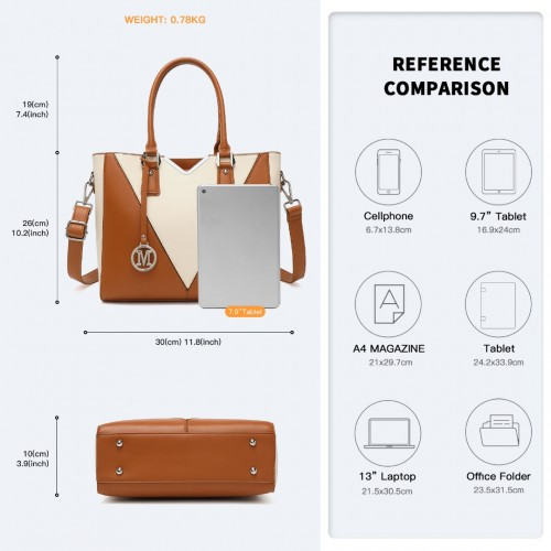 Miss Lulu Leather Look V-Shape Shoulder Handbag - Brown And Beige | Elegant Designer Tote