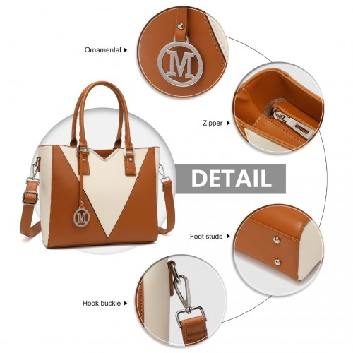 Miss Lulu Leather Look V-Shape Shoulder Handbag - Brown And Beige | Elegant Designer Tote