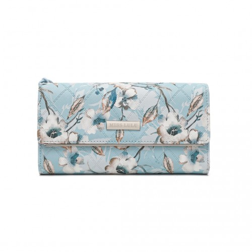 Miss Lulu Ladies' Flower Printed PU Leather Long Purse - Stylish Blue Wallet for Women