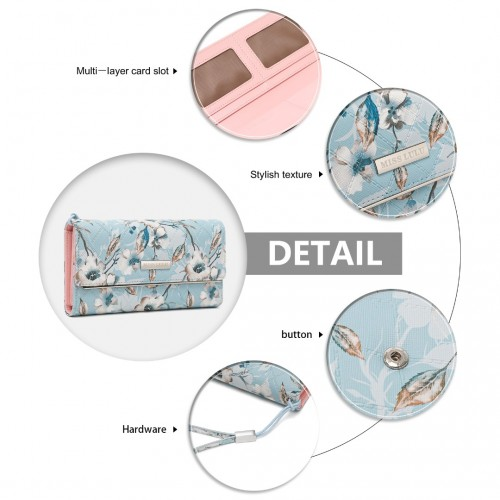 Miss Lulu Ladies' Flower Printed PU Leather Long Purse - Stylish Blue Wallet for Women