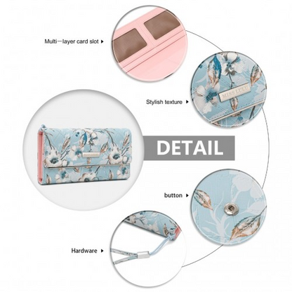 Miss Lulu Ladies' Flower Printed PU Leather Long Purse - Stylish Blue Wallet for Women