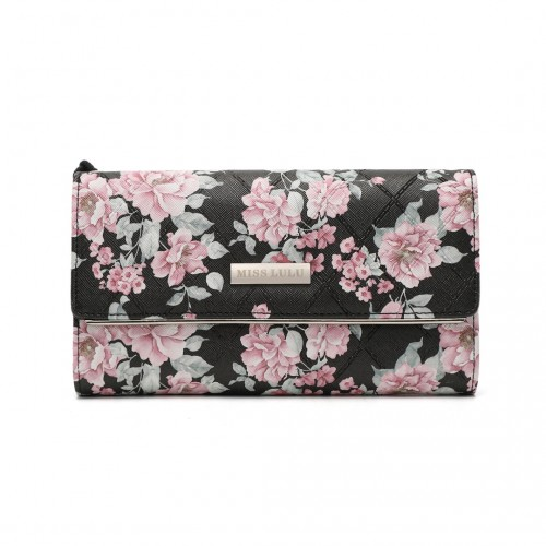 Miss Lulu Ladies' Flower Printed PU Leather Long Purse - Black | Elegant & Functional