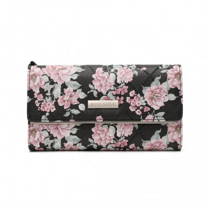 Miss Lulu Ladies' Flower Printed PU Leather Long Purse - Black | Elegant & Functional