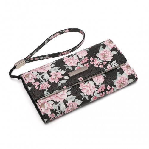 Miss Lulu Ladies' Flower Printed PU Leather Long Purse - Black | Elegant & Functional