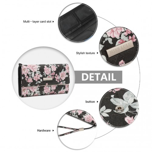 Miss Lulu Ladies' Flower Printed PU Leather Long Purse - Black | Elegant & Functional