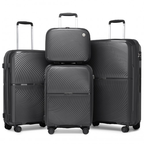 K2393L - British Traveller 4 Pcs Set Spinner Hard Shell PP Suitcase With TSA Lock And Vanity Case - Black