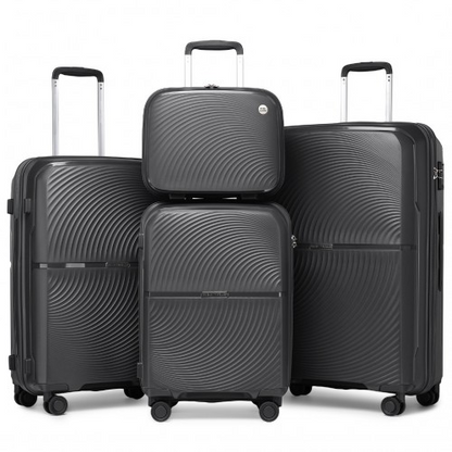 K2393L - British Traveller 4 Pcs Set Spinner Hard Shell PP Suitcase With TSA Lock And Vanity Case - Black