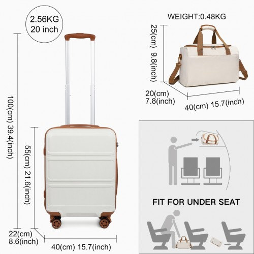 Kono ABS 20 Inch Sculpted Horizontal Design 2 Piece Suitcase Set With Cabin Bag - Cream