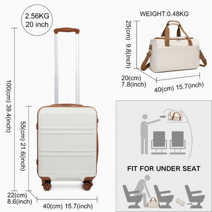 Kono ABS 20 Inch Sculpted Horizontal Design 2 Piece Suitcase Set With Cabin Bag - Cream