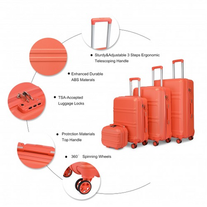 K1871-1L - Kono ABS Sculpted Horizontal Design 4 Pcs Suitcase Set With Vanity Case - Coral