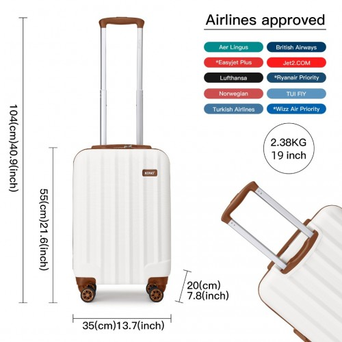 Kono 19 Inch Cabin Size Luggage - Cream, ABS+PC Hard Shell, Vertical Stripes - Ideal Carry-On