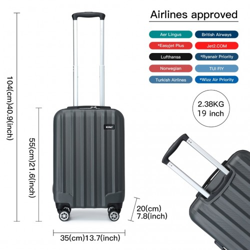 Kono 19 Inch Cabin Size ABS Hard Shell Luggage with Vertical Stripes - Ideal Carry-On Suitcase in Grey