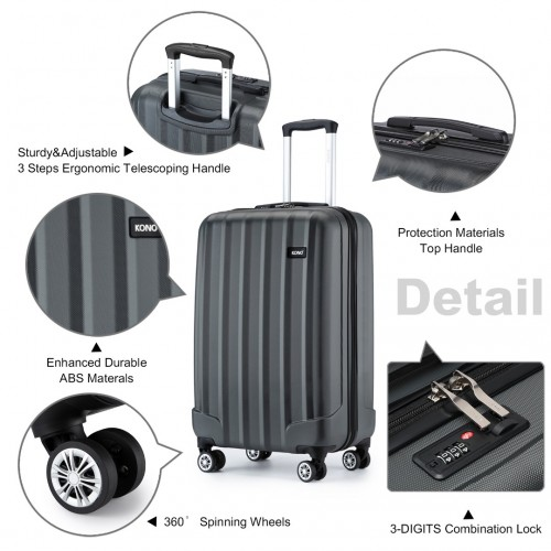 Kono 19 Inch Cabin Size ABS Hard Shell Luggage with Vertical Stripes - Ideal Carry-On Suitcase in Grey