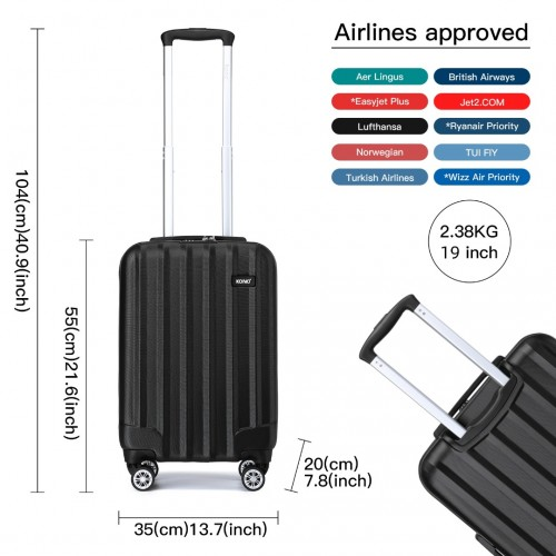 Kono 19 Inch Cabin Size ABS Hard Shell Luggage with Vertical Stripes - Ideal for Carry-On - Black