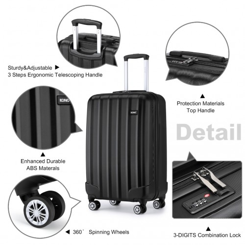 Kono 19 Inch Cabin Size ABS Hard Shell Luggage with Vertical Stripes - Ideal for Carry-On - Black