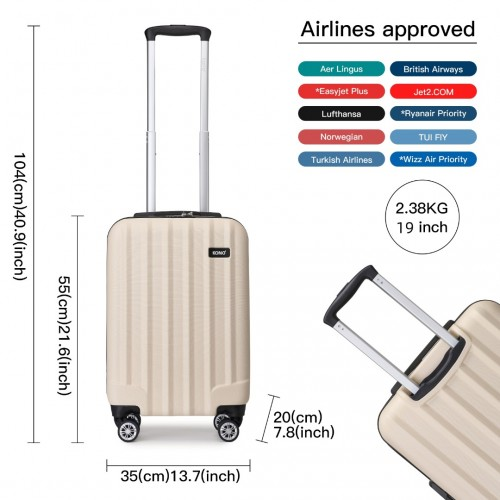 Kono 19 Inch Cabin Size Hard Shell Luggage - ABS+PC, Vertical Stripes, Carry-On, Beige