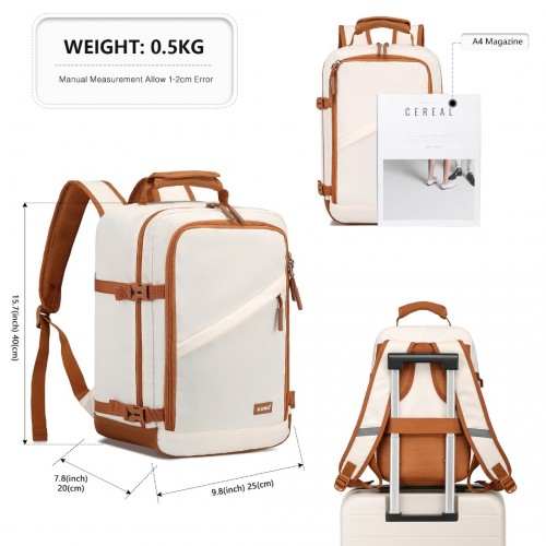 Kono Lightweight Cabin Bag - Water-Resistant Travel Business Backpack - Beige & Brown