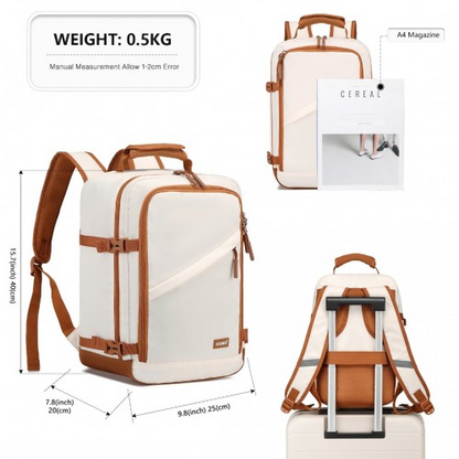 Kono Lightweight Cabin Bag - Water-Resistant Travel Business Backpack - Beige & Brown