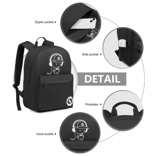 Kono Durable Polyester Glow-in-the-Dark School Backpack - Black