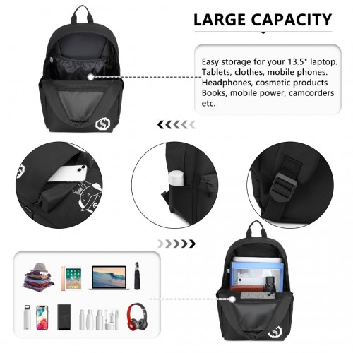 Kono Durable Polyester Glow-in-the-Dark School Backpack - Black