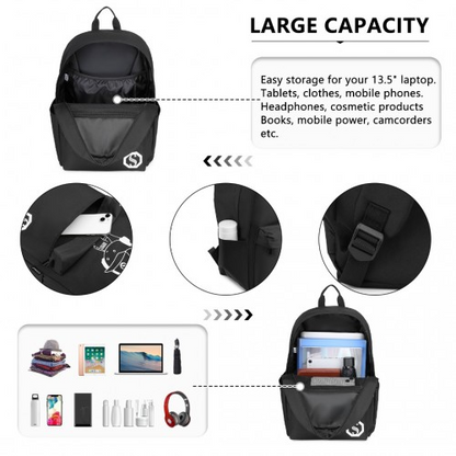 Kono Durable Polyester Glow-in-the-Dark School Backpack - Black