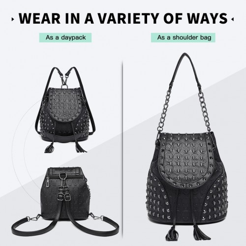 Miss Lulu Skull Studded Backpack Shoulder Bag - Black | Stylish & Versatile Accessory