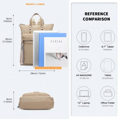 Miss Lulu Signature Style Backpack With Unique Details - Khaki | LT2355 | Stylish & Functional